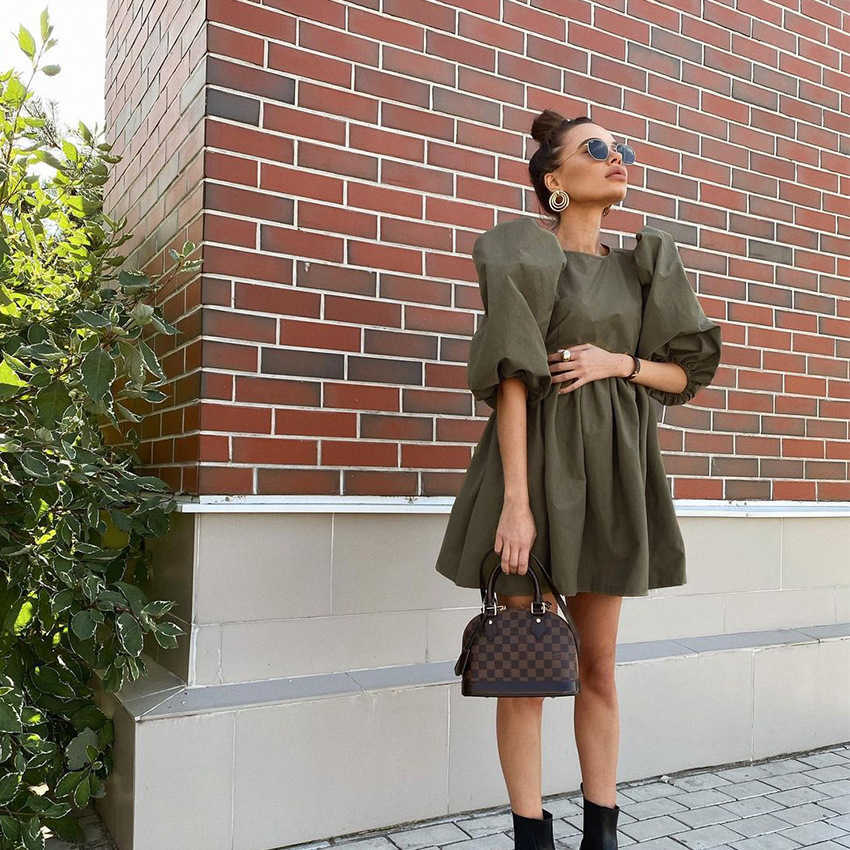 Women Mini Dress Casual O-neck Lantern Sleeve Loose A-lin Streetwear Dress Female Elegant Simple Solid Party Dress Summer 210630