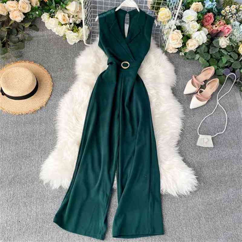 Women Notched Sleeveless Hollow High Waist Wide Leg Jumpsuits Lady Solid Color Overalls K508 210527