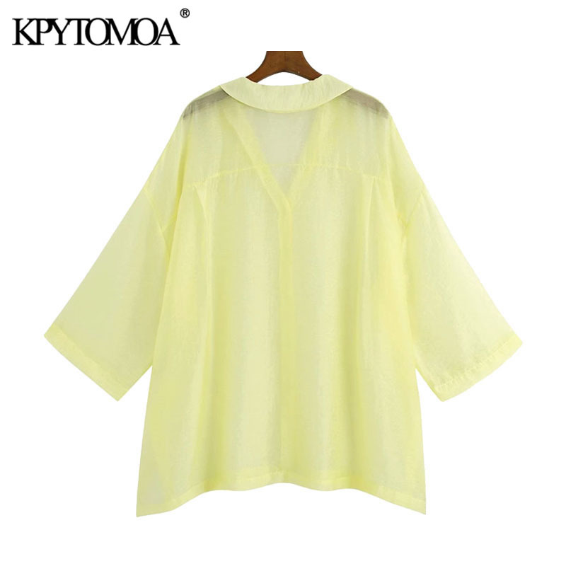 Women Sexy Fashion See Through Organza Loose Blouses Side Vents Button-up Female Shirts Chic Tops 210420