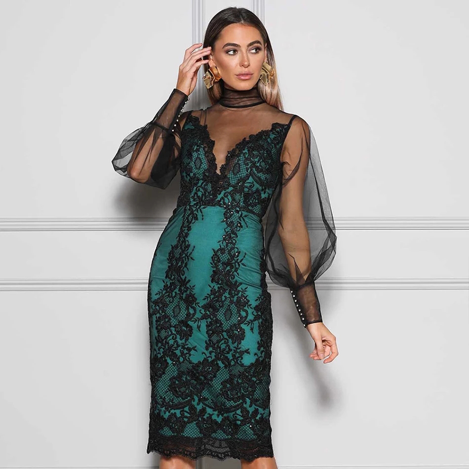 Free Women's Embroidered Sequin Bandage Dress Sexy Tulle Lantern Sleeve Bodycon Celebrity Club Party 210524