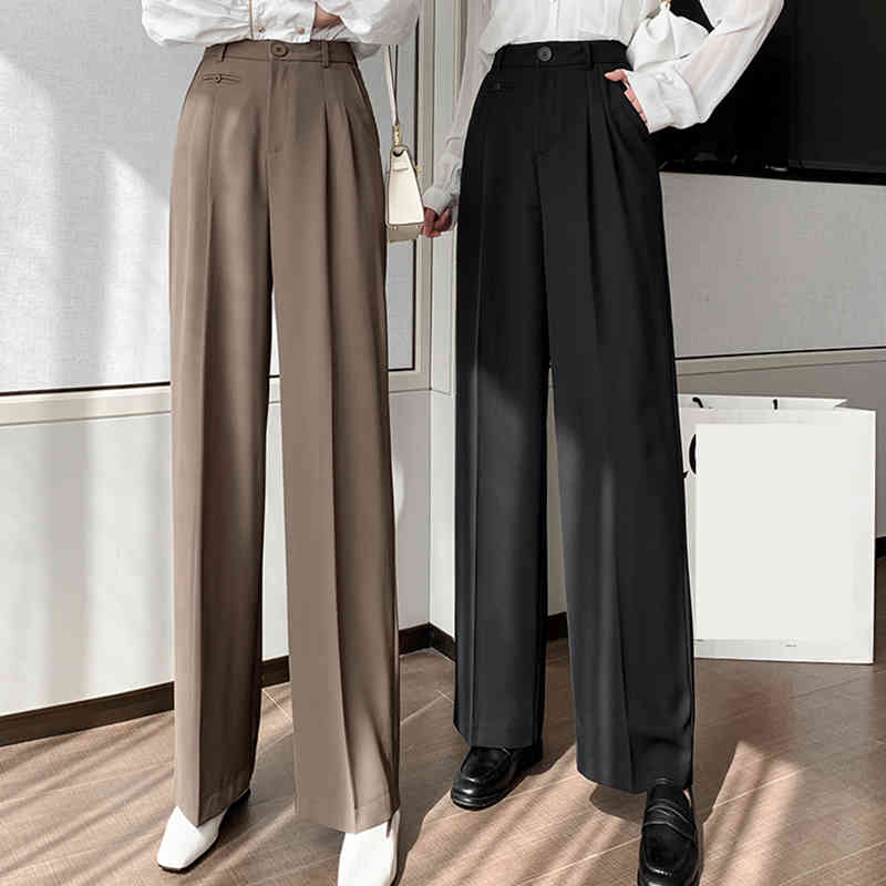 Spring Autumn Button Casual Suit Ladies Loose Straight High Waist Wide Leg Trousers Solid Soft Pants B11322P 210416