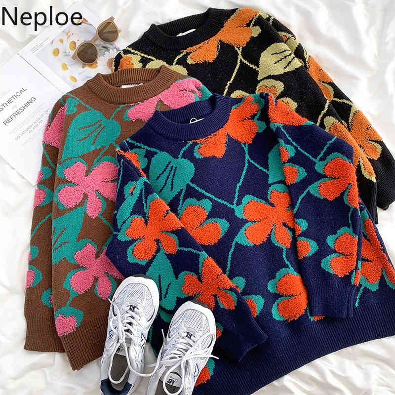 Neploe Fall Women Clothes Knit Pullovers Heavy Crochet Floral Sweaters Women O-neck Thicked Warm Jumper Coat Female 4G386 210422