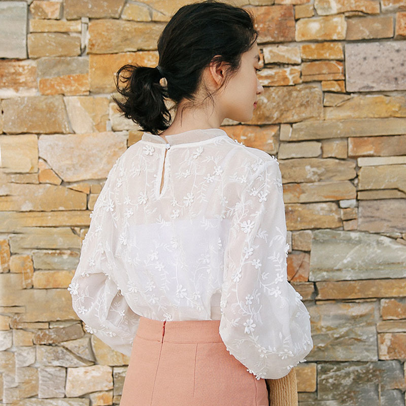 Korean Chic Lace Shirt Women See Through Solid Round Neck Bubble Sleeves Women's Blouse Embroidered Sunscreen Shirts 13463 210427