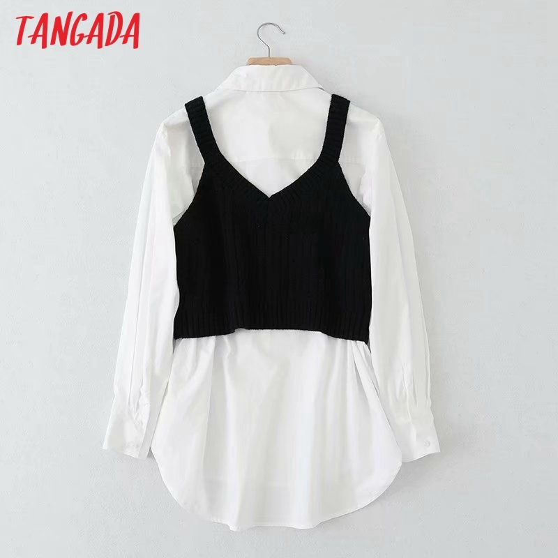 Women White 2 Piece With Knit Camis Long Sleeve Chic Female Casual Shirt 5B16 210416