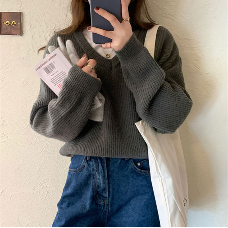 3Colors womens knitted Sweater Autumn and winter loose korean style female Loose V neck Sweaters and pullovers womens (X1716) 210423