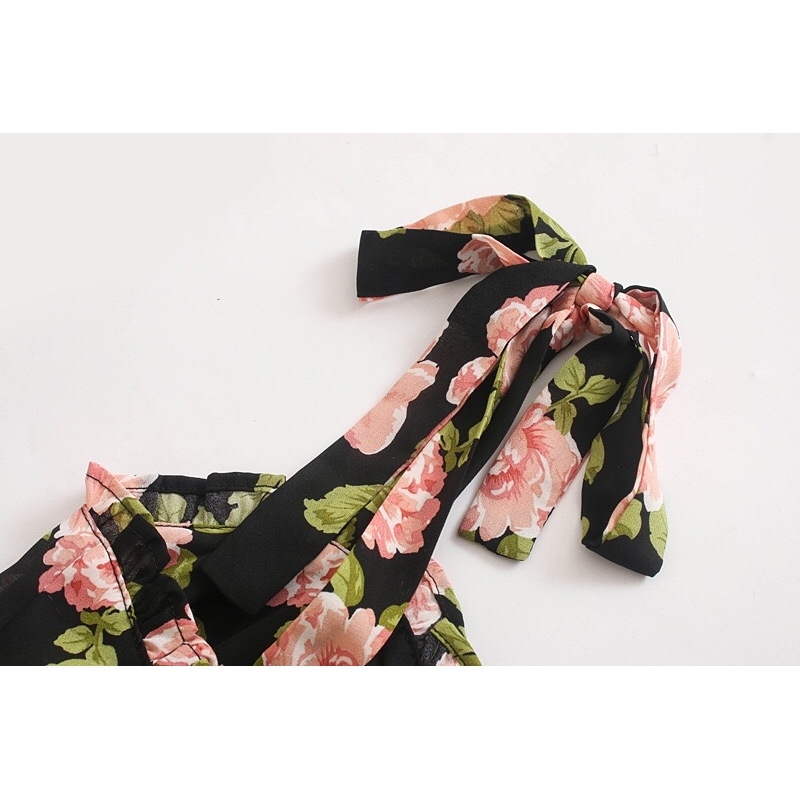Summer Contrast Color Floral Print Women Dress Ruffles hem Tie Bow Strap Sleeveless Mini Sexy Beach Holiday Vintage 210429