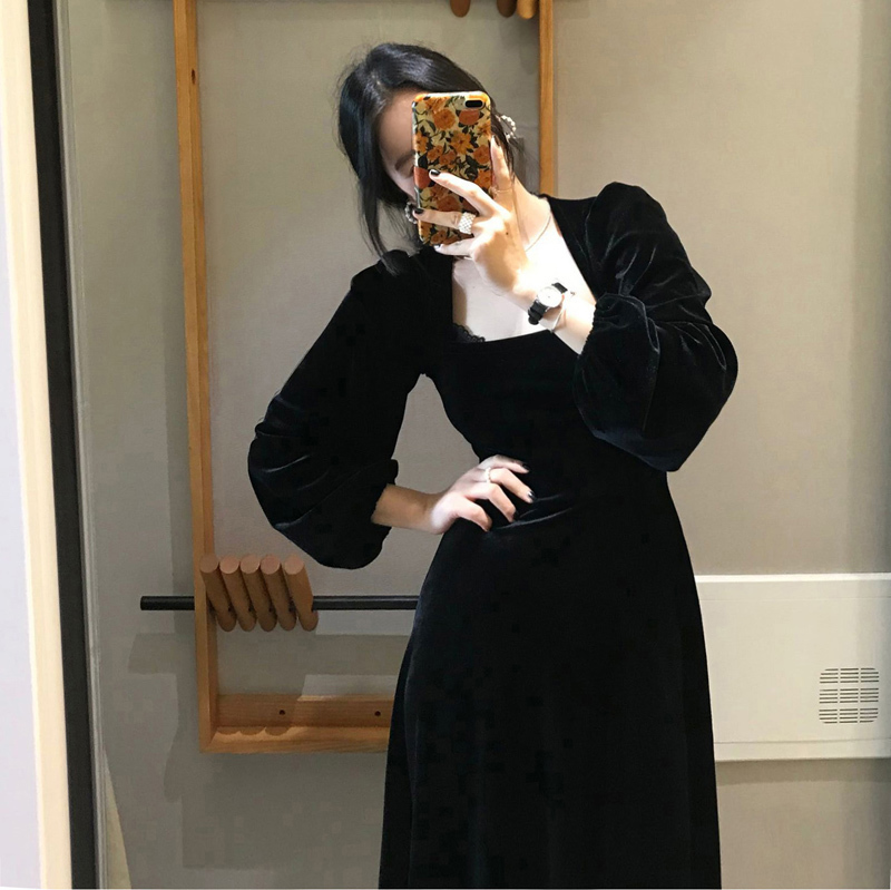 Square collar Party Female Vintage Dress Black Long Sleeve Women Dresses Evening Maxi Robe Vestido velvet little dress 265J 210420