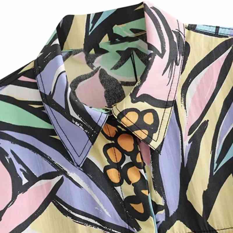 Summer Women Color Printing Patch Pocket Loose Blouse Female Short Sleeve Shirt Casual Lady Tops Blusas S8875 210430
