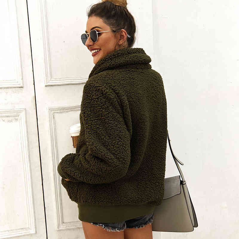 Fleece Hoodies For Women Solid Casual Autumn Turn Down Collar Sweatshirts Winter Loose Zipper Pocket Teddy Warm Pullover Tops 210414