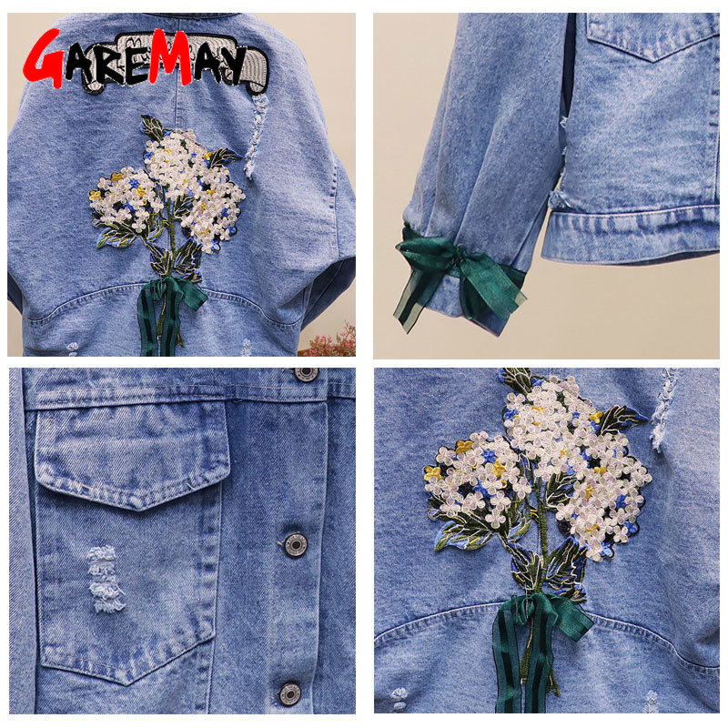 Women Embroidery Flowers Denim Jacket Turn-down Collar Jean for Loose Casual Ripped Holes Coat Female Outwear 210428