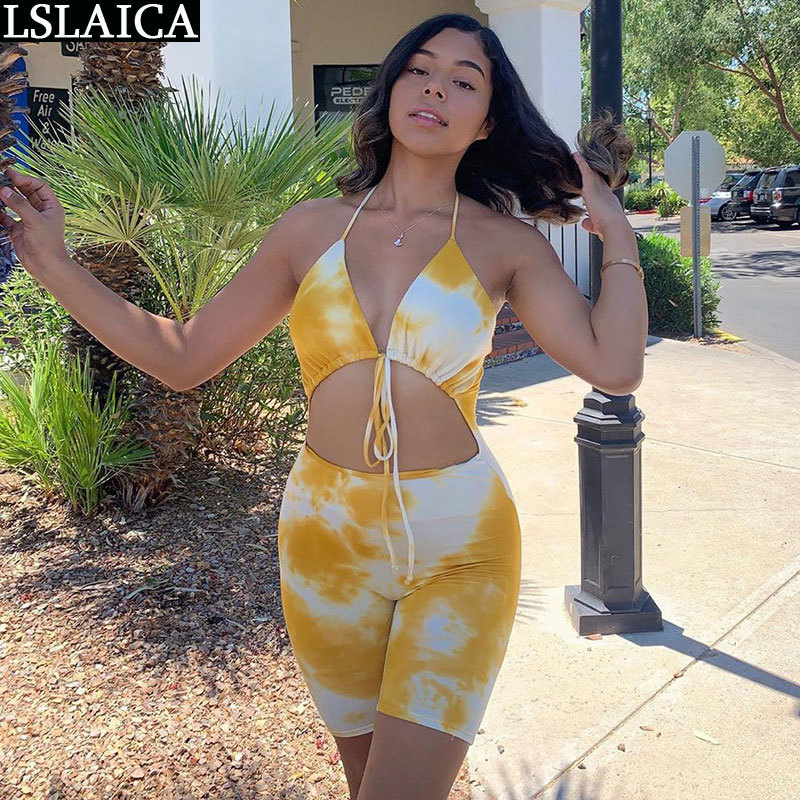 Body Suits For Women Tie-Dye Exposed navel Sexy Bodysuit Strapless Bandage Jump Suit Holiday Beach Swimming Femmes Barboteuses 210520