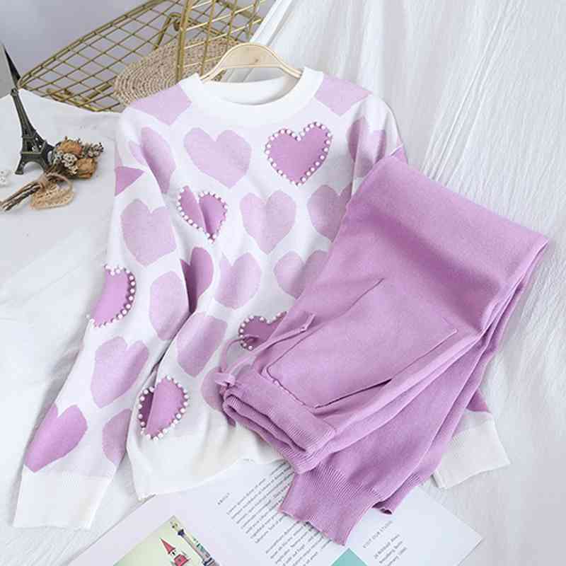 Autumn Womens Knit Outfits Love Heart Long Sleeve Pullover Sweater + Lace Up Waist Ankle Harem Pants Two Piece Set 210519