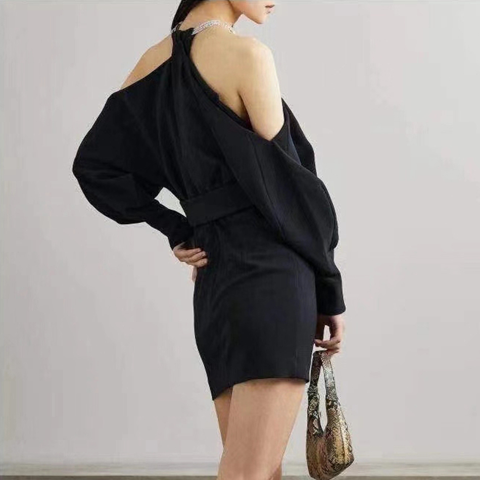 Winter Women Fashion White Halter Club Mini Dress Sexy Long Lantern Sleeve Black Celebrity Evening Party Dresses 210423