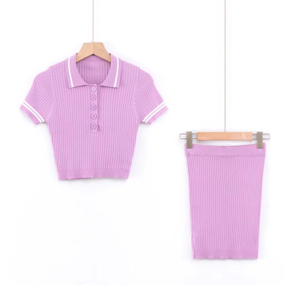 Lapel Knitted Short Sleeve T-shirt Casual Women Package hips Mini Skirt Crop Top Pullover Tee Tops 2 Pieces Set 210429