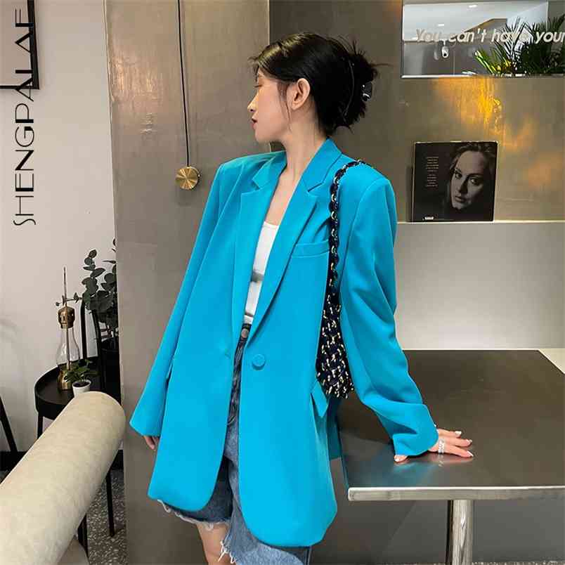 Blue Blazer Women's Spring Autumn Notched Large Size Single Button Back Split Long Sleeve Suit Coat Female 210427