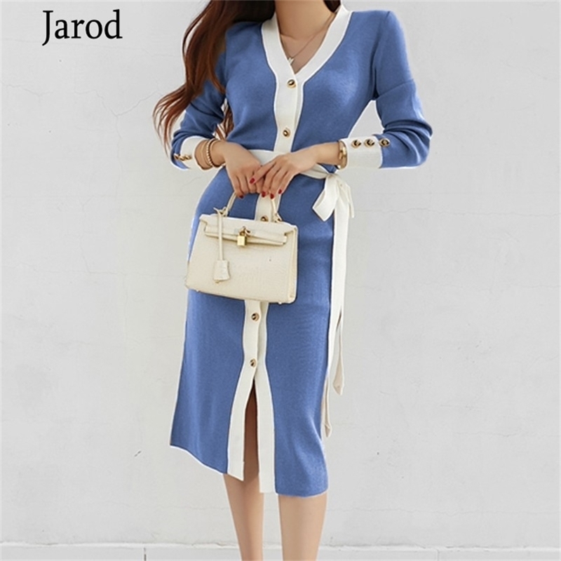 V-neck Patchwork Single-breasted Women Knitted Dress Autumn Winter Elegant Belt Female Sweater Lady Vestidos 210519, Picture color
V-neck Patchwork Single-breasted Women Knitted Dress Autumn Winter Elegant Belt Female Sweater Lady Vestidos 210519, Picture color