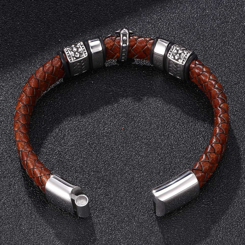Stainless Steel Cross Charm Magnetic Buckle Bracelet Multilayer Genuine Leather Bracelets for Men Gift