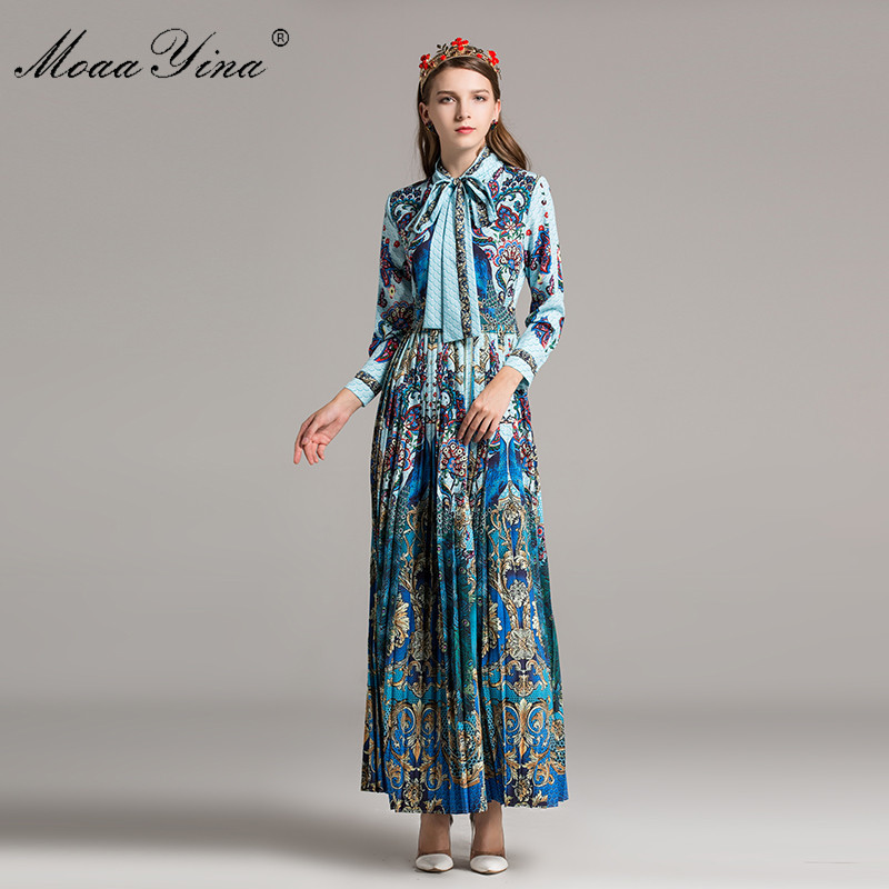 Fashion ner Runway Classical Maxi Dress Spring Women Long sleeve Ribbon Print Peacock Pleated Exotic 210524
