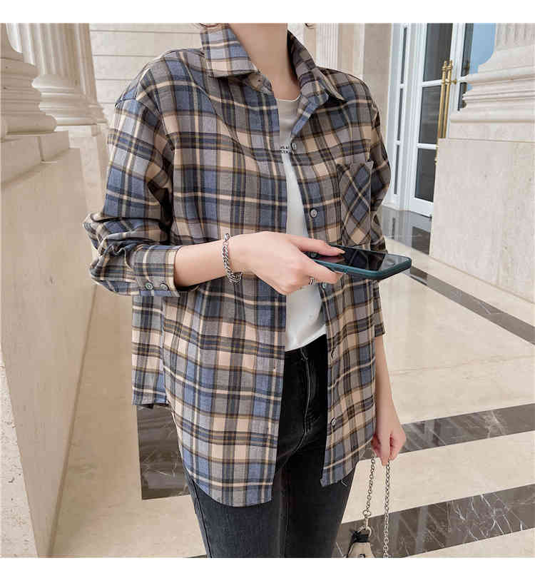 Spring Fashion Ladies Long Sleeve Casual Blouses Top Vintage Female Streetwear Plaid Women Loose Chic Shirts 210519