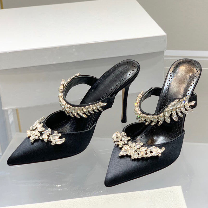 Women Pumps Pointed Toe Baotou slippers 90mm Thin High Heels Rhinestone Bling lady slippeer Party high heeled shoes for Style Summer and Spring designer sandals