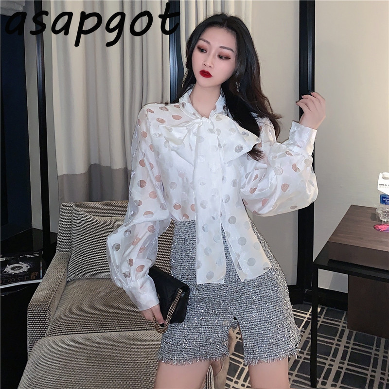 Transparent Retro Blouse Lantern Sleeve Red Polka Dot Bow Shirts Long Top Chic High StreetWear Loose Fashion Blusas 210429