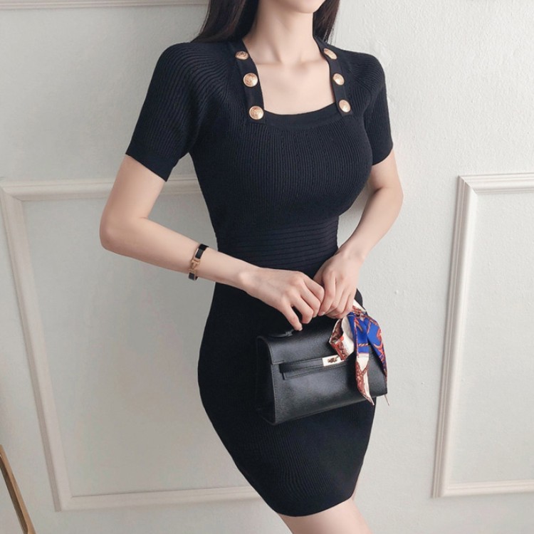 Knitted Gold-button Square Neck Short Sleeve Back Zipper Mini Dress Bodycon Women Elegant Sexy Summer 210519