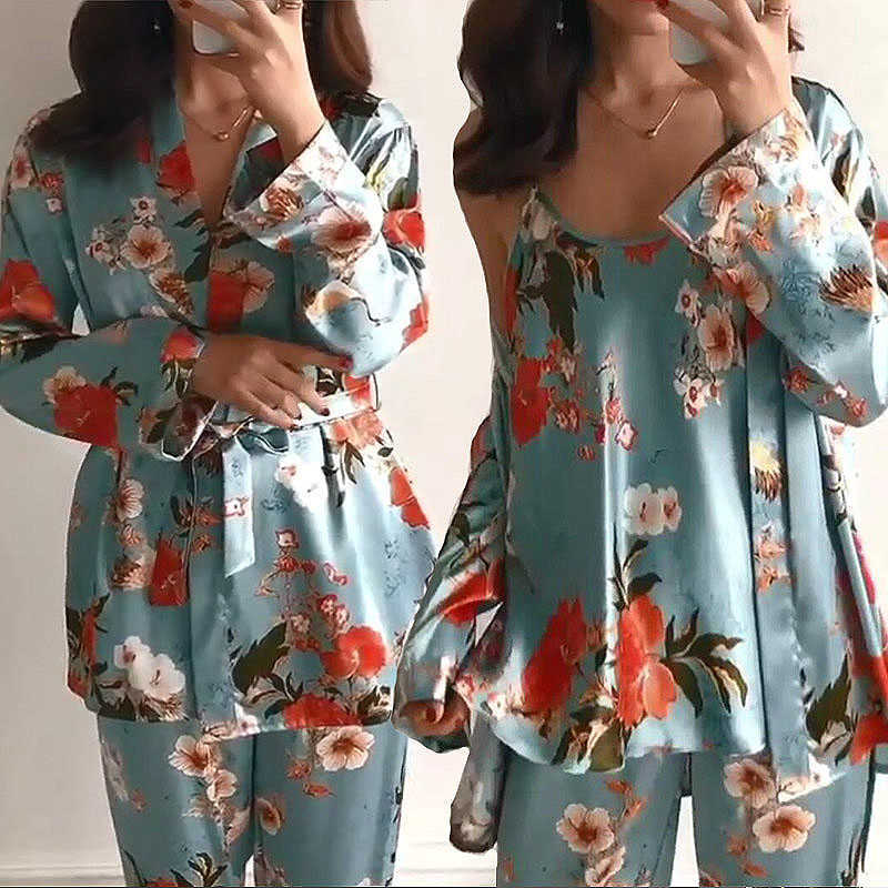 3PCS Women Pajamas Set Lady Emulation Silk Pyjama Sets Flower Sleepwear Female Leopard Satin Homewear With Removable Padded 210924