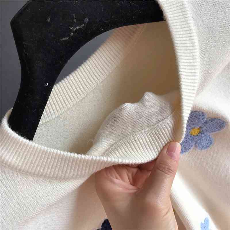 Korean Floral Emobroidery Pullover Sweater High Quality Women Elegant O Neck Knitted Tops C-089 210522