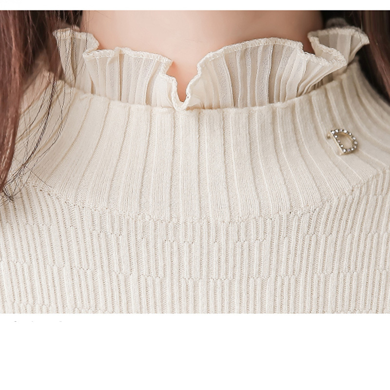 Autumn Slim Women Sweater Solid White Pink Turtleneck Korean Style Lotus Leaf Edge Buttery Sleeve Base Sweater 6498 50 210518