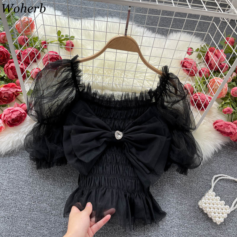 Rainbow Gauze Blouses Women Elegant Sweet Bow Blusas Mujer Puff Sleeve Square Collar Sexy Pleated Shirts Summer Crop Tops 210519