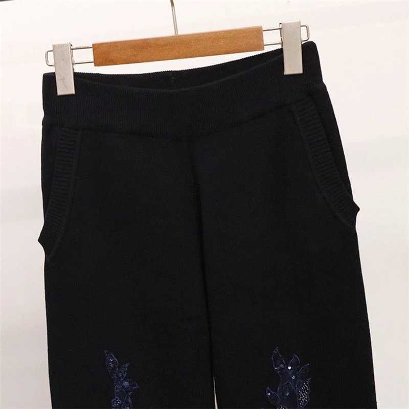 VGH Casual Embroidered Sequin Sets For Women O Neck Long Sleeve Tops High Waist Pants Print Two Piece Set Female Fashion 210930