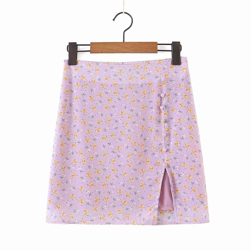 Summer Women Sexy Flower Print Side Half Slit Skirt Female Retro Fashion Button Decoration Buttocks Mini Skirt 210520