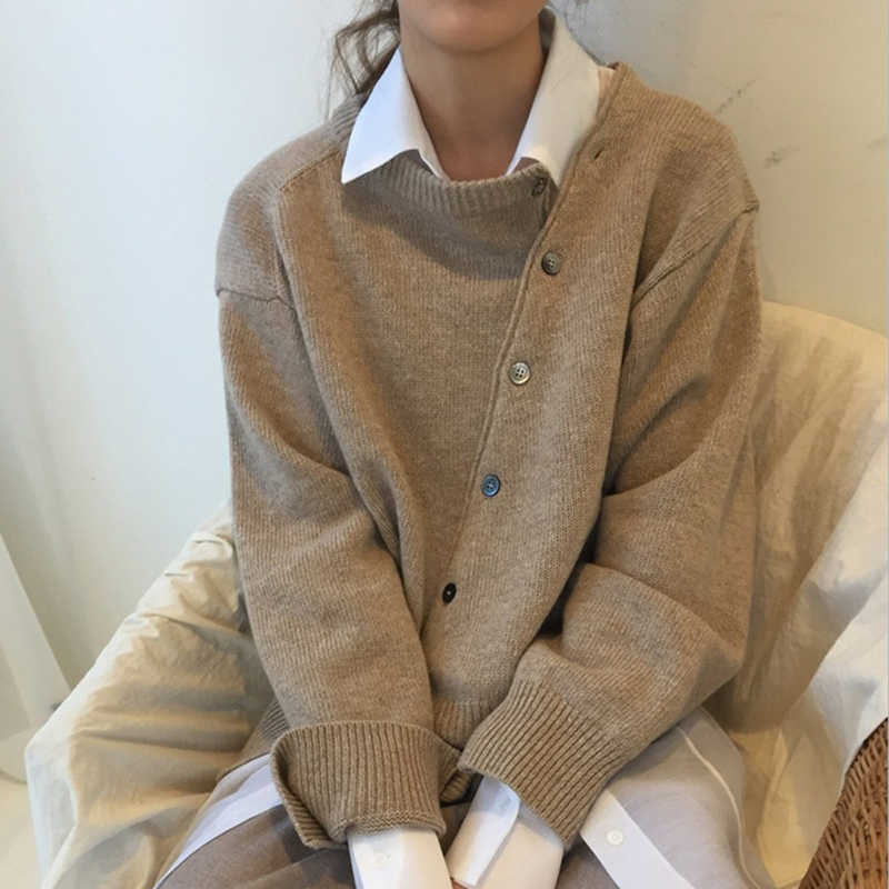 Yitimoky Khaki Cardigan for Women Sweater Irregular Knitted Oblique Single Breasted Fall Clothes Grey Casual Fashion 211018