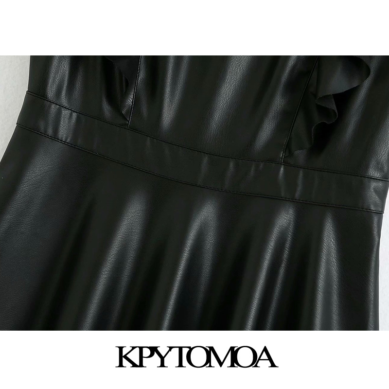 Women Chic Fashion With Lace Faux Leather Midi Dress Back Zipper Ruffled Female Dresses Vestidos Mujer 210420