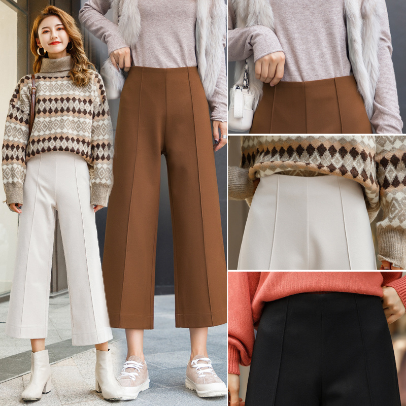 Korean Slim Woolen Wide Leg Autumn Winter Capri Casual Black Women Straight Loose High Waist Woman Pants 11586 210415