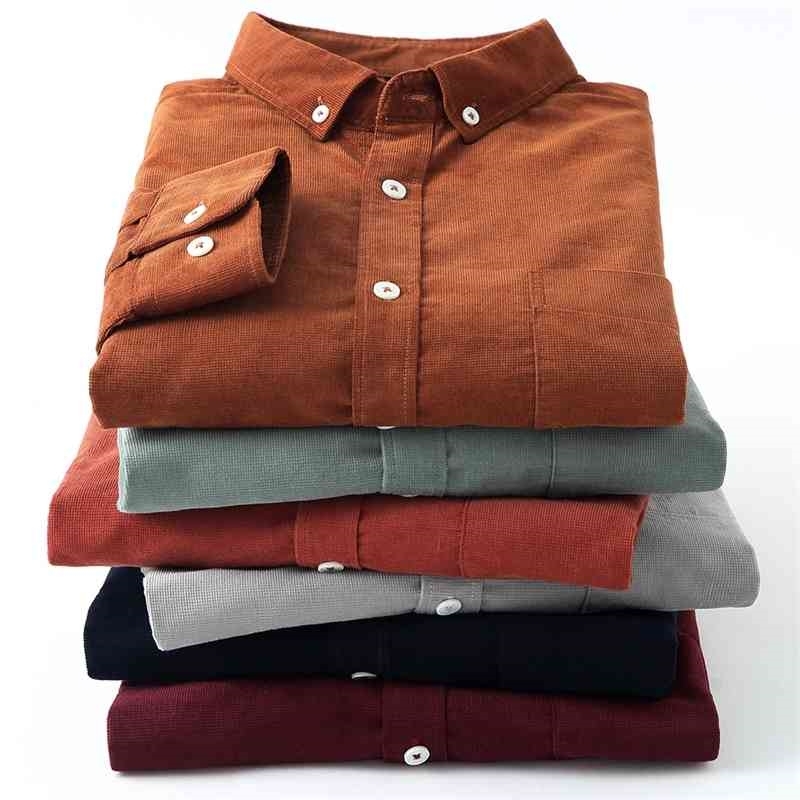Casual Mens Corduroy Shirt Pure Cotton Long Sleeve Brown Thick Winter XXL Regular Fit New Model Male Button Down 210410