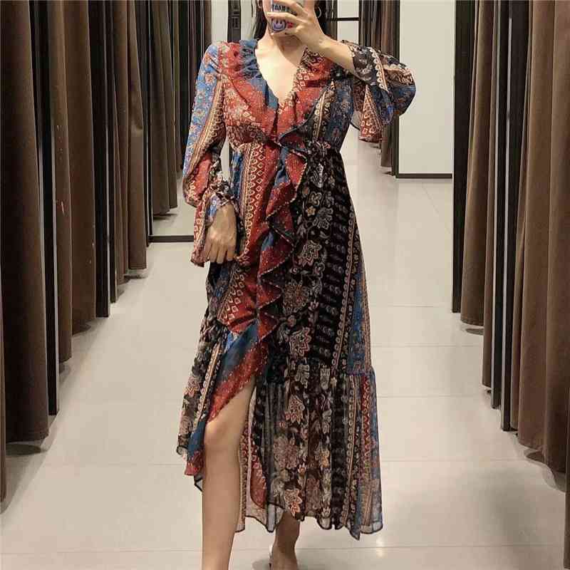 Vintage Women Cascading Ruffles Dress Fashion Ladies V-Neck Vestidos Streetwear Female Chic Print Patchwork 210430