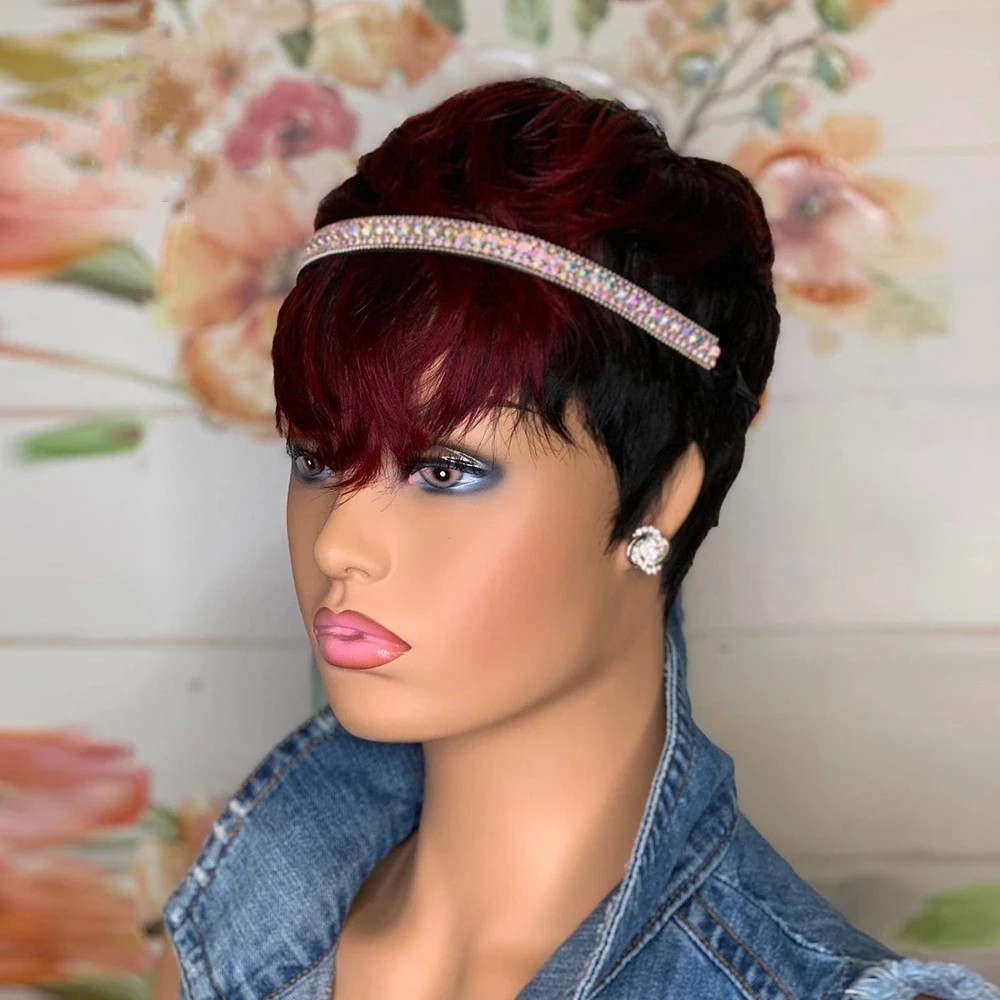 Ombre Red Pixie Cut Short Bob Wig For Black Women Brazilian Human Hair Wigs With Bangs Cosplay Bone Straight Full Machine Made