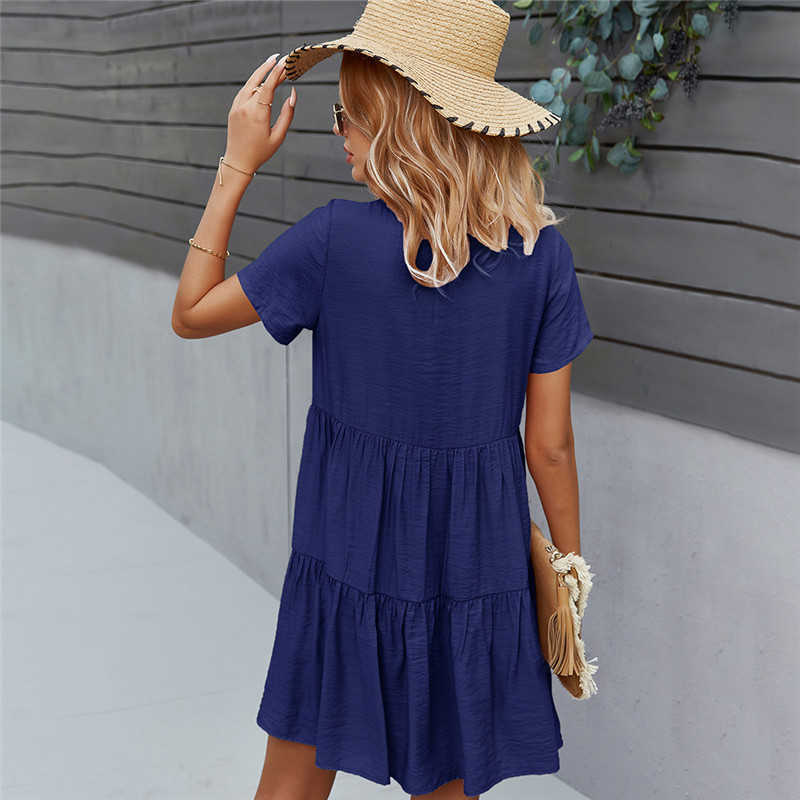 Spring Solid Short Dress Women Casual O Neck Button Summer Dress Ladies Loose Short Sleeve A Line Dresses 210630