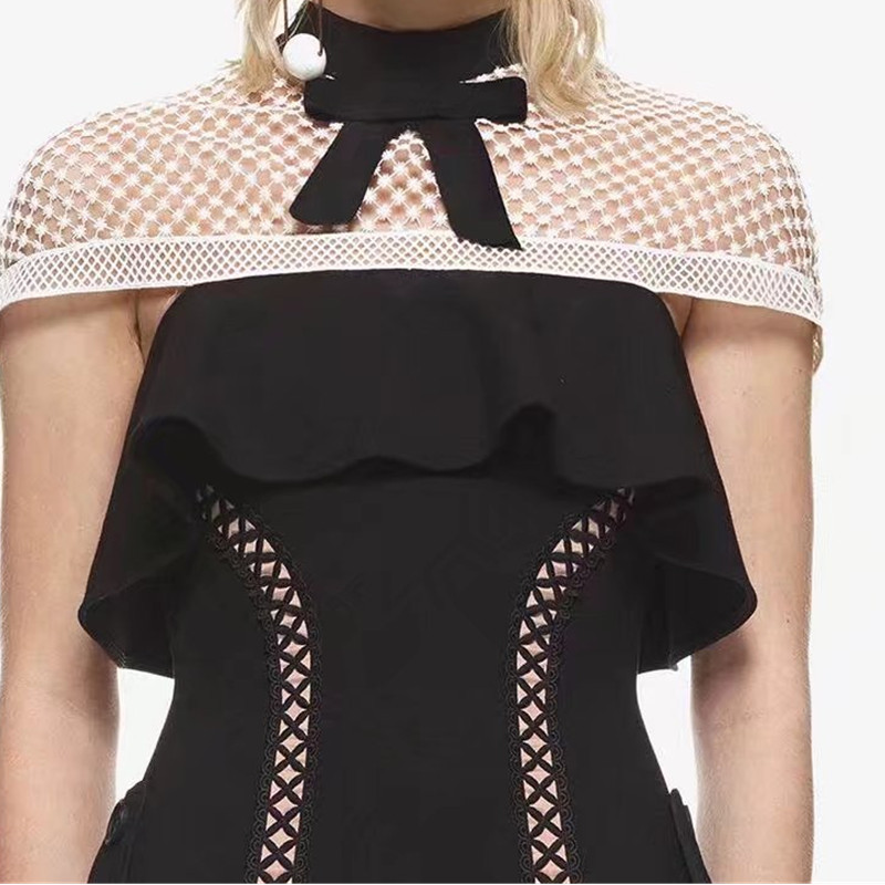 HM Arrive Women's Summer Dress Black Patchwork Lace Hollow Out Dresses Vestidos S/M/L 210520