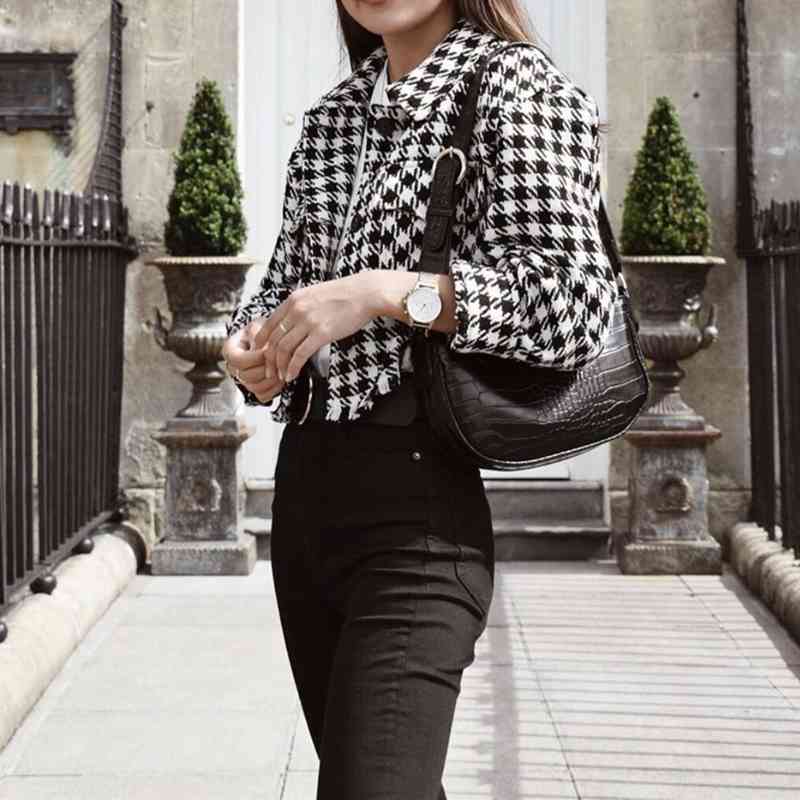 fall winter fashion houndstooth black and white plaid short jacket women raw edge vintage loose shirts jackets tops 210508