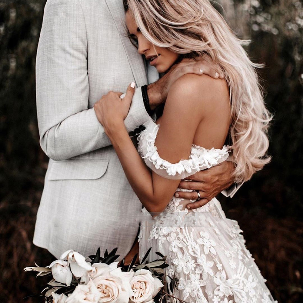 Gorgeous 3D Floral Wedding Dresses Off Shoulder Sweetheart Full Appliques lace country bohemian beach Bridal Gowns Open Back