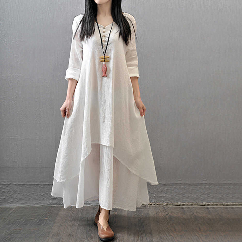 Spring Summer Women Long Cotton Linen Dress White Plus Size False Two Pieces O-Neck Maxi es Office Casual Loose 210623