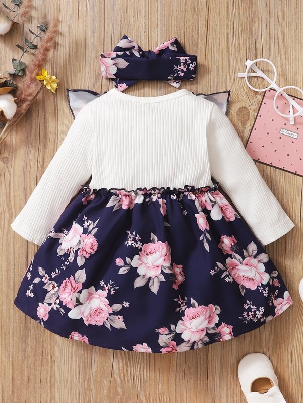 Baby 2 In 1 Floral Ruffle Trim Bow Front Dress & Headband SHE