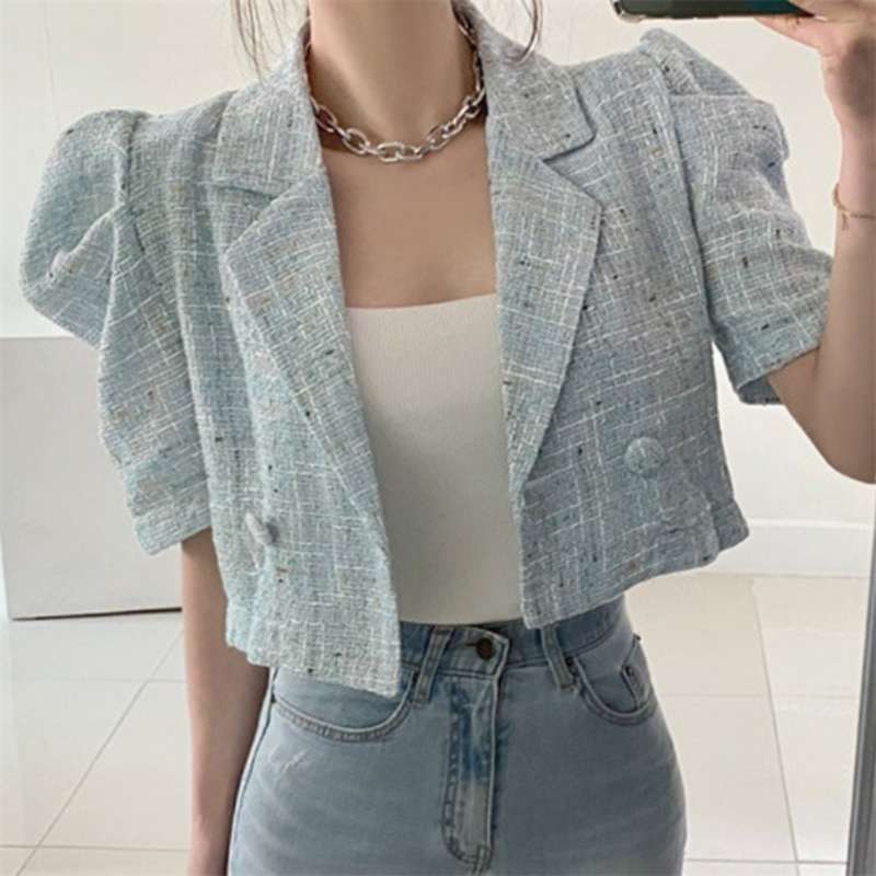 Korea Chic Retro Summer Short Sleeve Lapel Tweed Jacket Straight Puff Sleeve Short Cardigan Coat Crop Tops Fashion Sexy Wild 210928