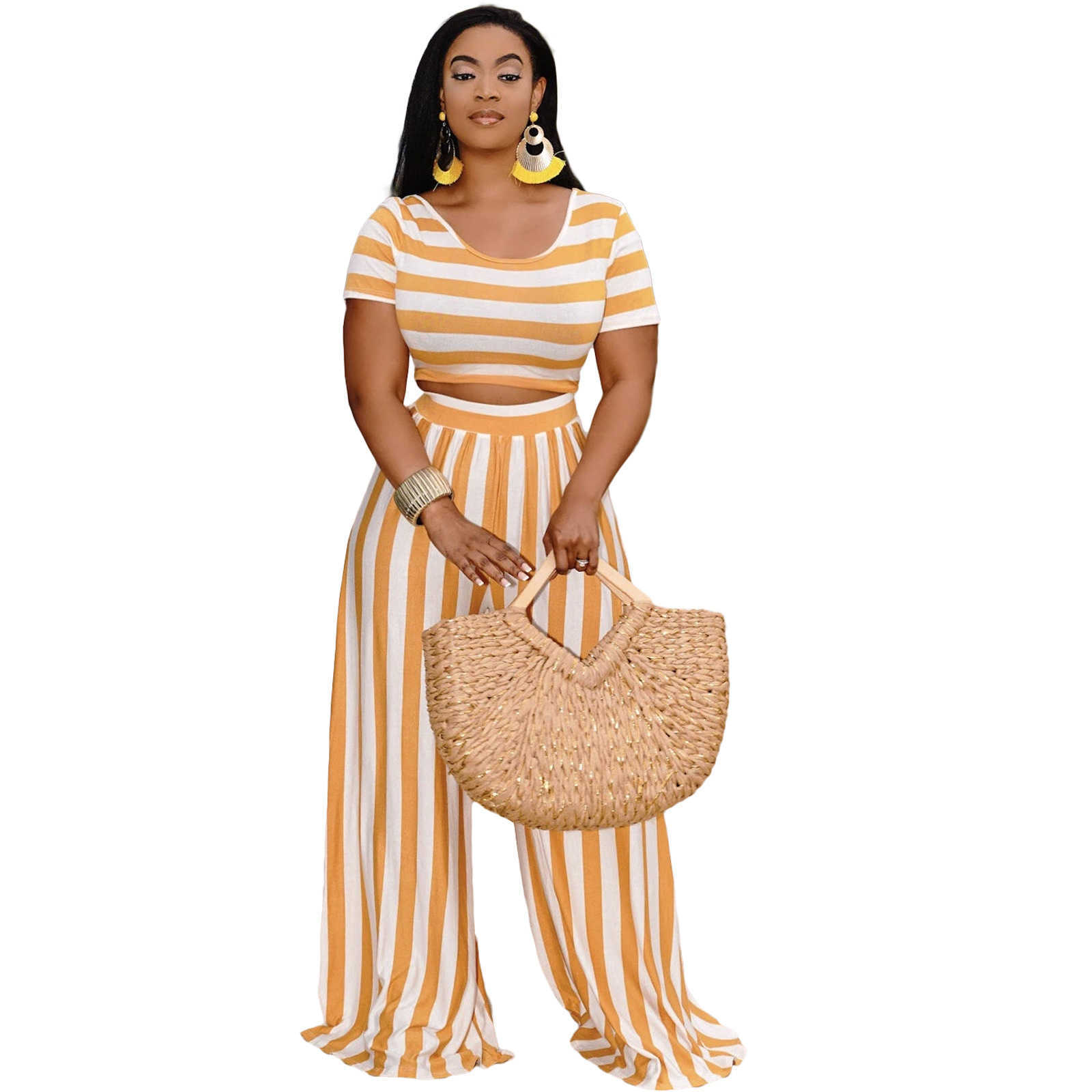 Women's Two Piece Pants Designers Women Clothes 2023 fashion open navel striped wide leg pants two-piece suit Recommend