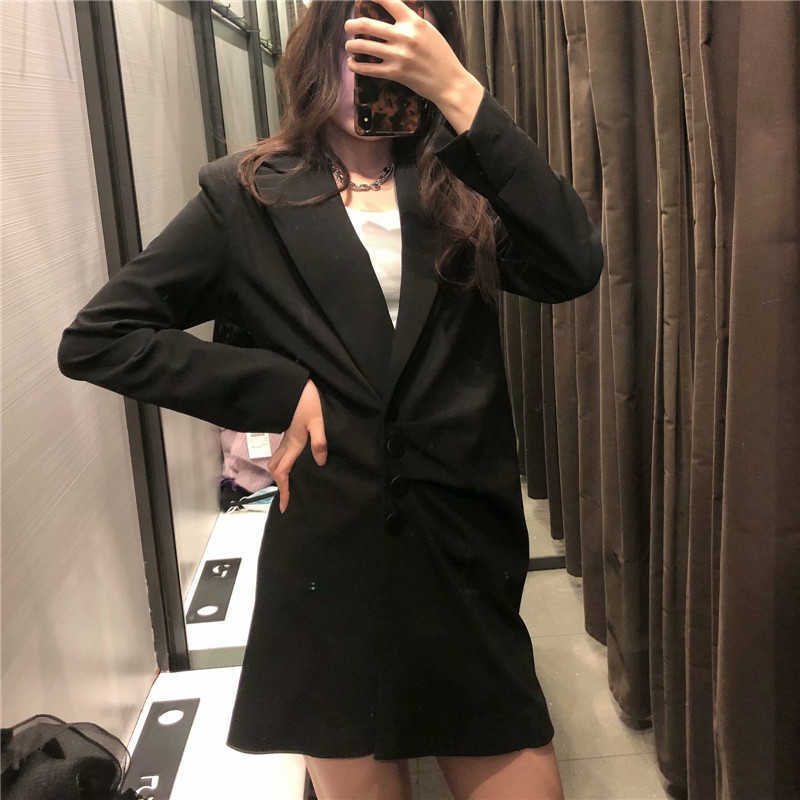 Za Vintage Black Blazer Dress Women Long Sleeve Shoulder Pads Office Lady Dresses Female Chic Front Button Wrap Vestido 210602