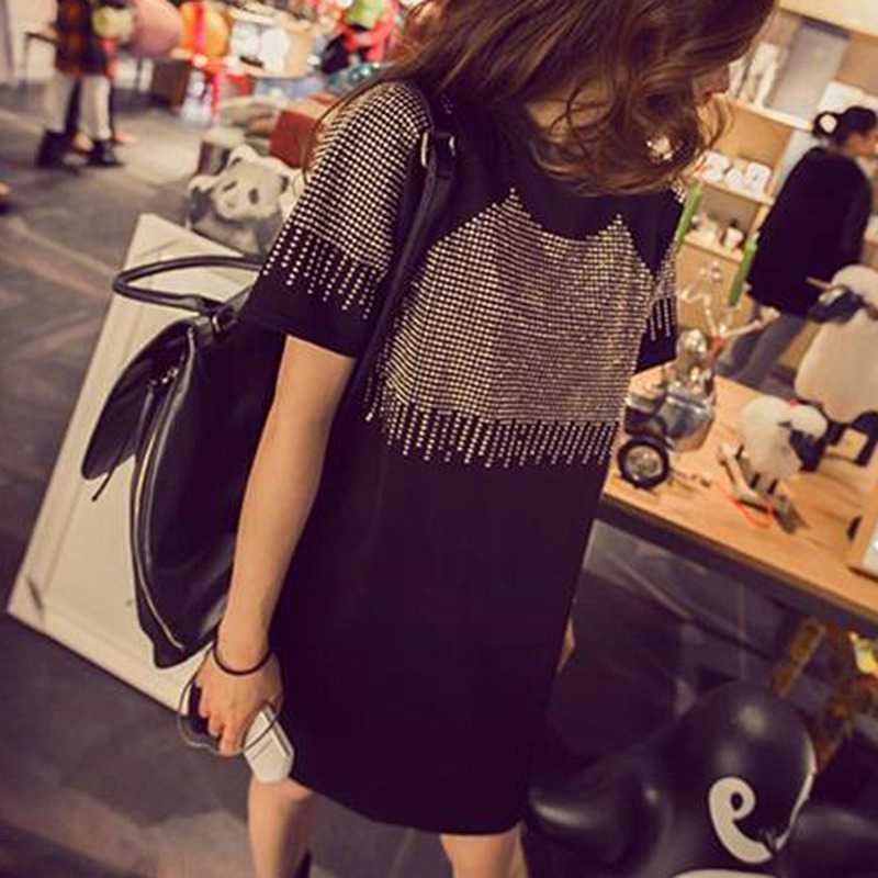 Women Summer Dresses Fashion Casual Short Sleeve Vestidos Sexy Rivet Diamonds Dress Shirt Loose Black Dress Plus Size XXXL 210630