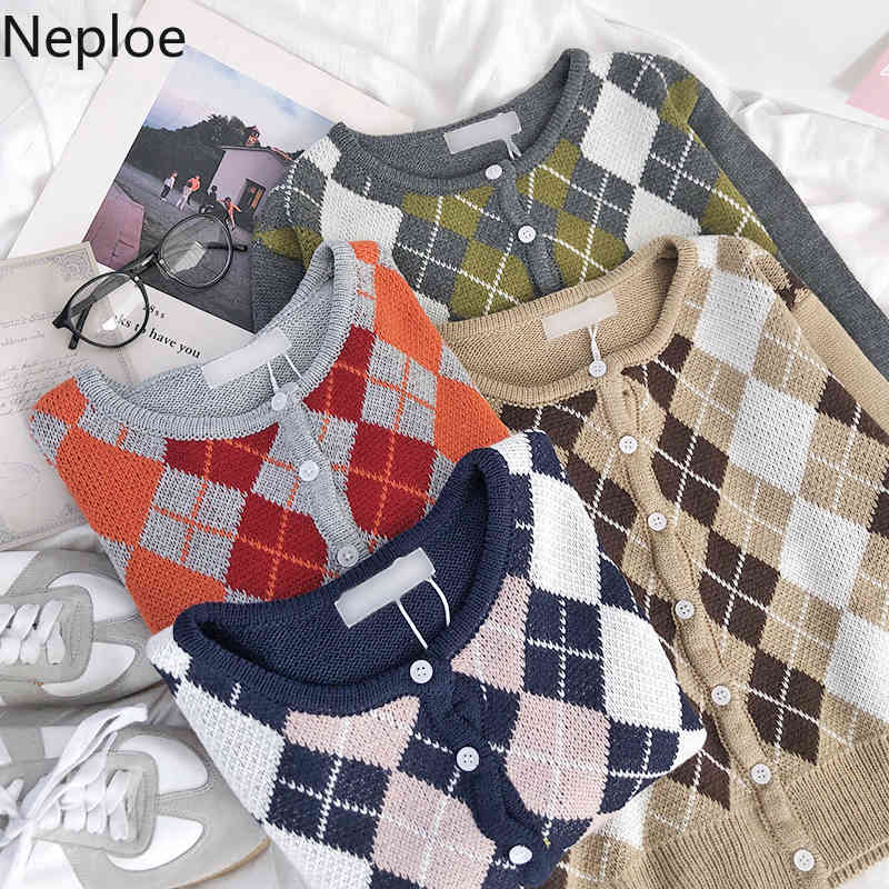 Neploe Cropped Sweaters Japanses Contrast Color Plaid Knitted Cardigan O-neck Long Sleeve All-match Casual Coat Tops Femme 94847 210422