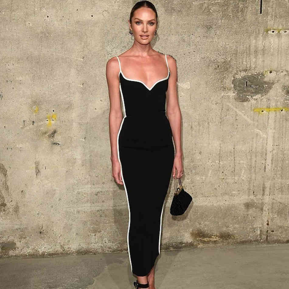 Summer Women Spaghetti Strap V Neck Bandage Dress Sexy Sleeveless Black Bodycon Club Celebrity Runway Party 210423